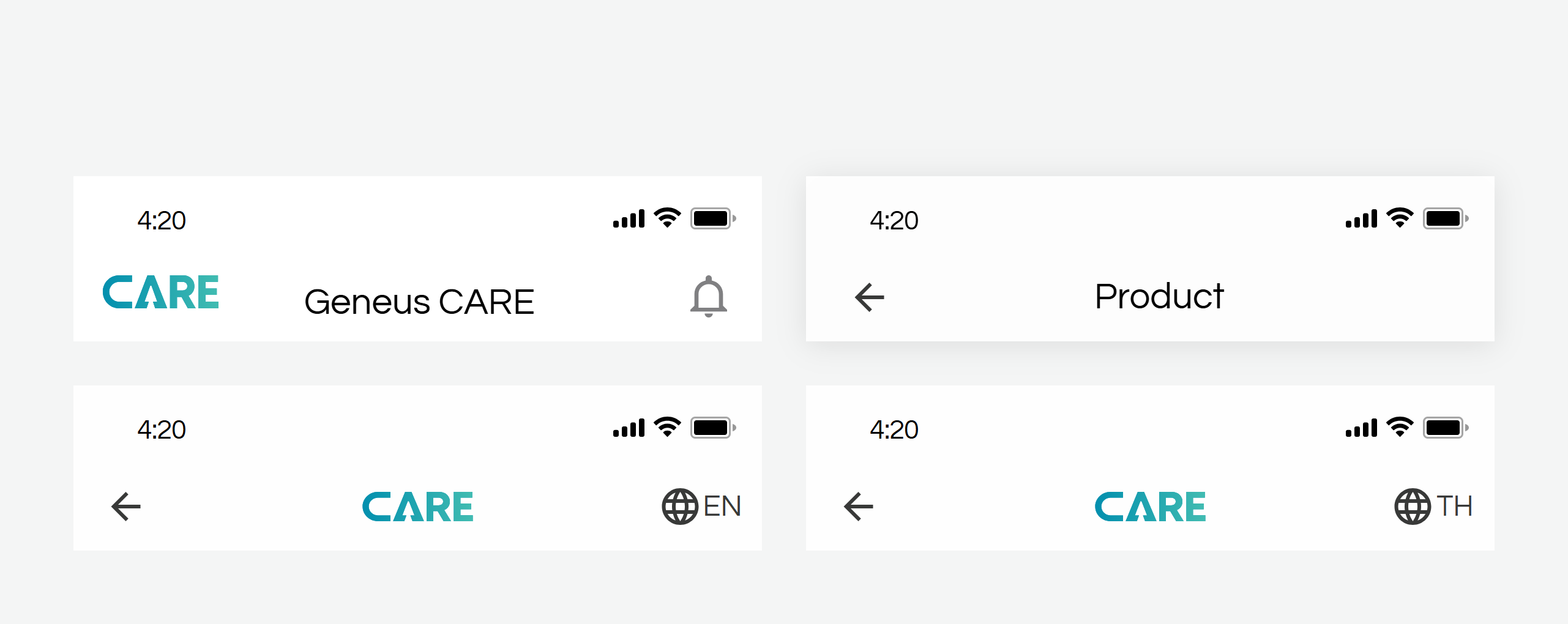 Top app bar component — home, sub-page and the EN / TH language switch, all variants of one component
