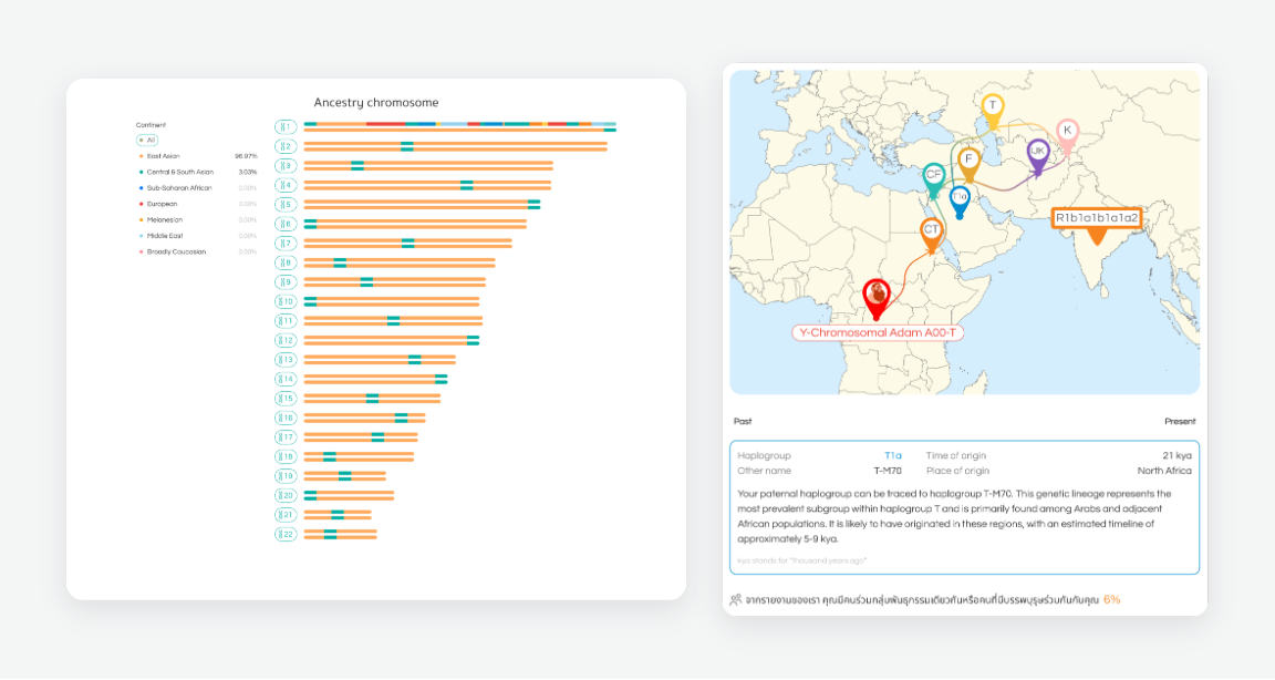 Ancestry reports — chromosome painting across all 22 chromosomes, filterable by continent, and a paternal-haplogroup migration map from “Y-Chromosomal Adam” to today