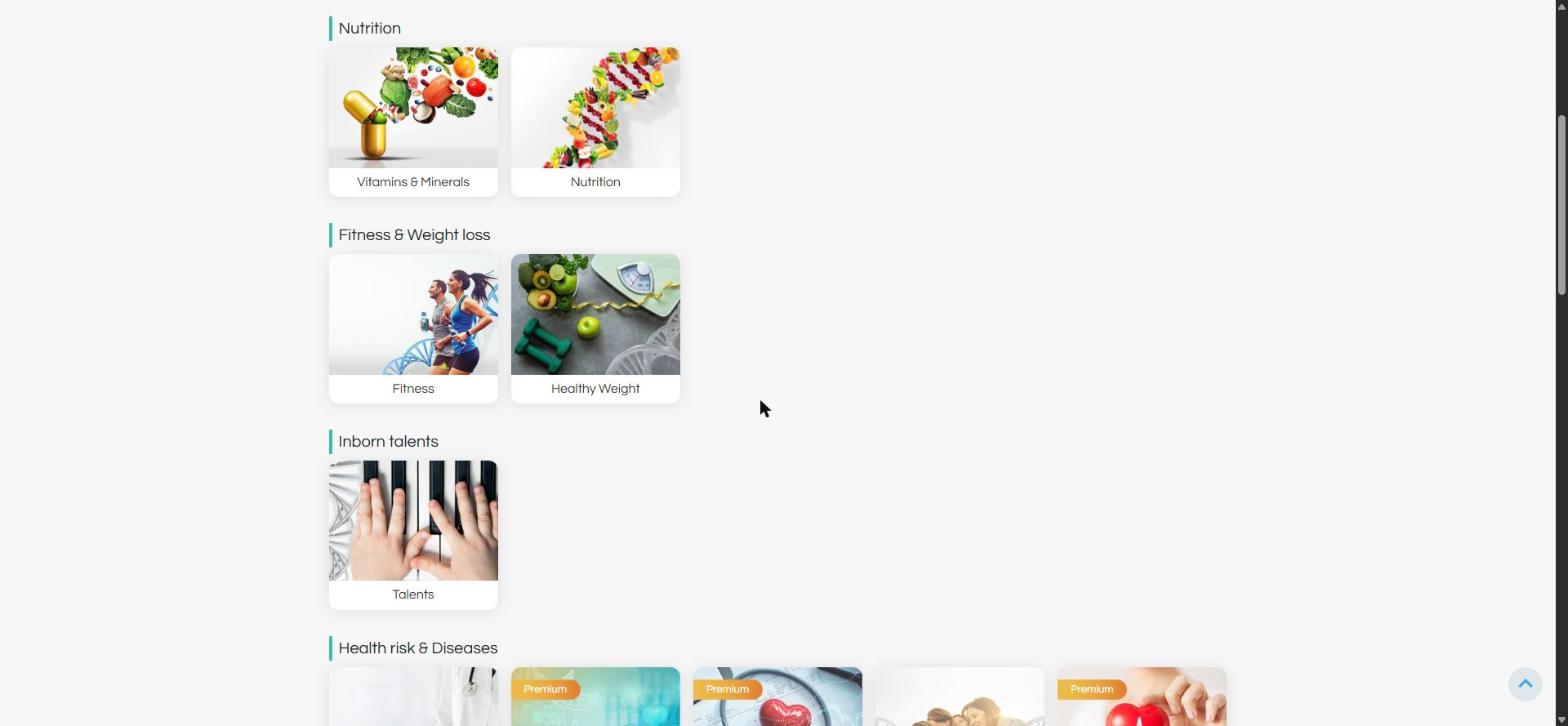Report system — results grouped by lifestyle (Nutrition, Fitness, Talents, Health Risk)