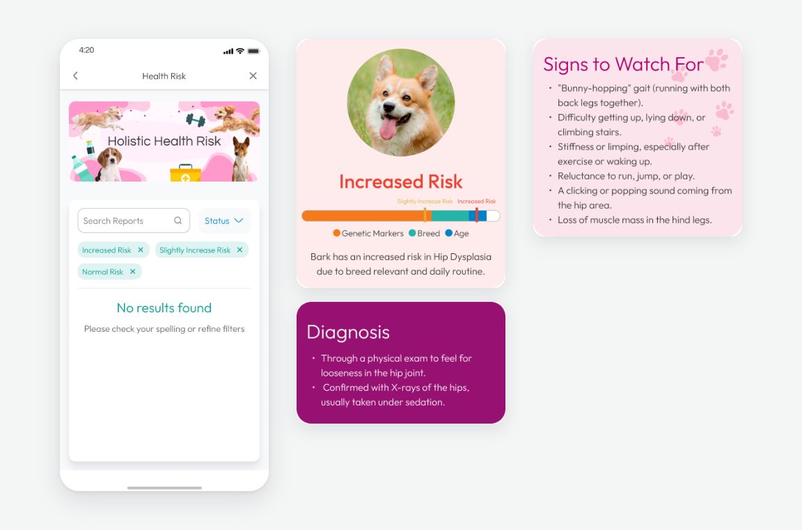 Holistic health risk — filter risks by status (with an empty state), then a detail page that explains what drives the risk, the signs to watch for and how it is diagnosed