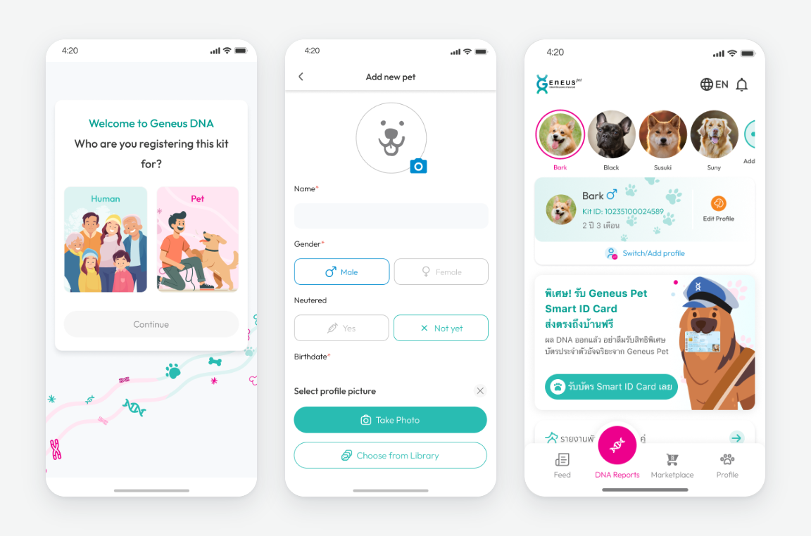 Onboarding — one kit-registration flow for people and pets, adding a pet profile, and the multi-pet home screen