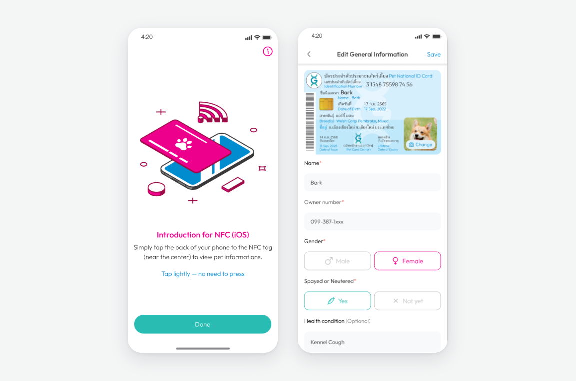 Pet Smart ID Card — NFC onboarding and editing the details printed on the card